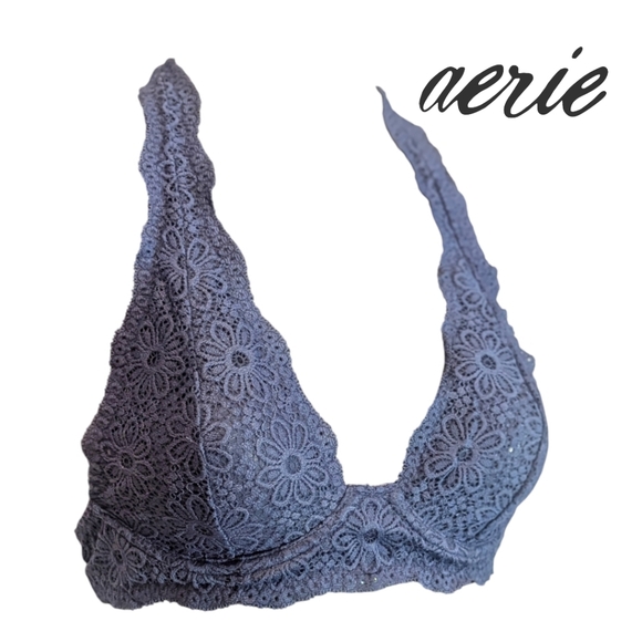 NWOT Aerie - 34A Unlined Plunge Halter Bra - Vintage Style Floral Lace Overlay - Picture 2 of 4